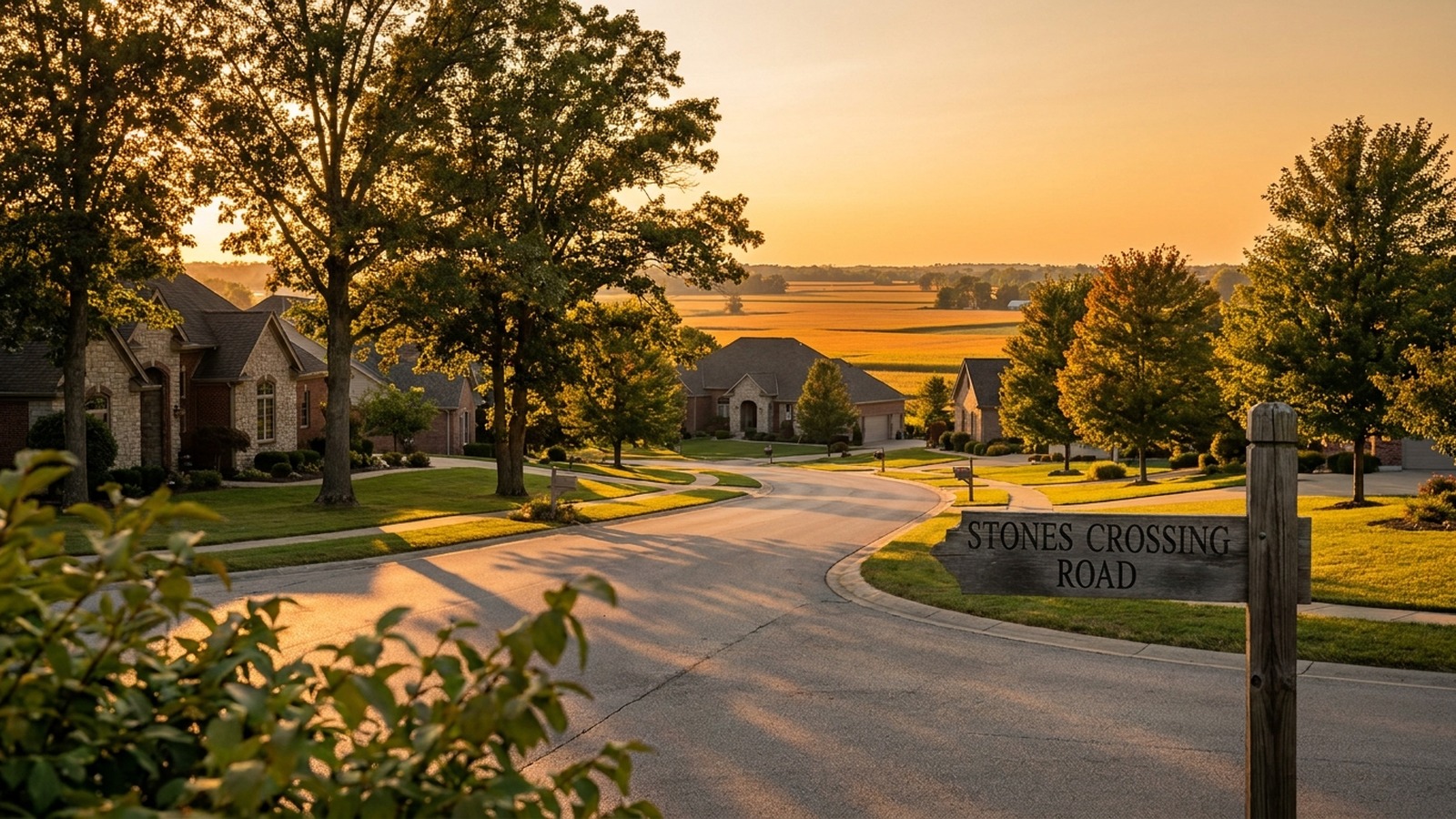 Stones Crossing Greenwood, Indiana — golden-hour skyline / signature landmark