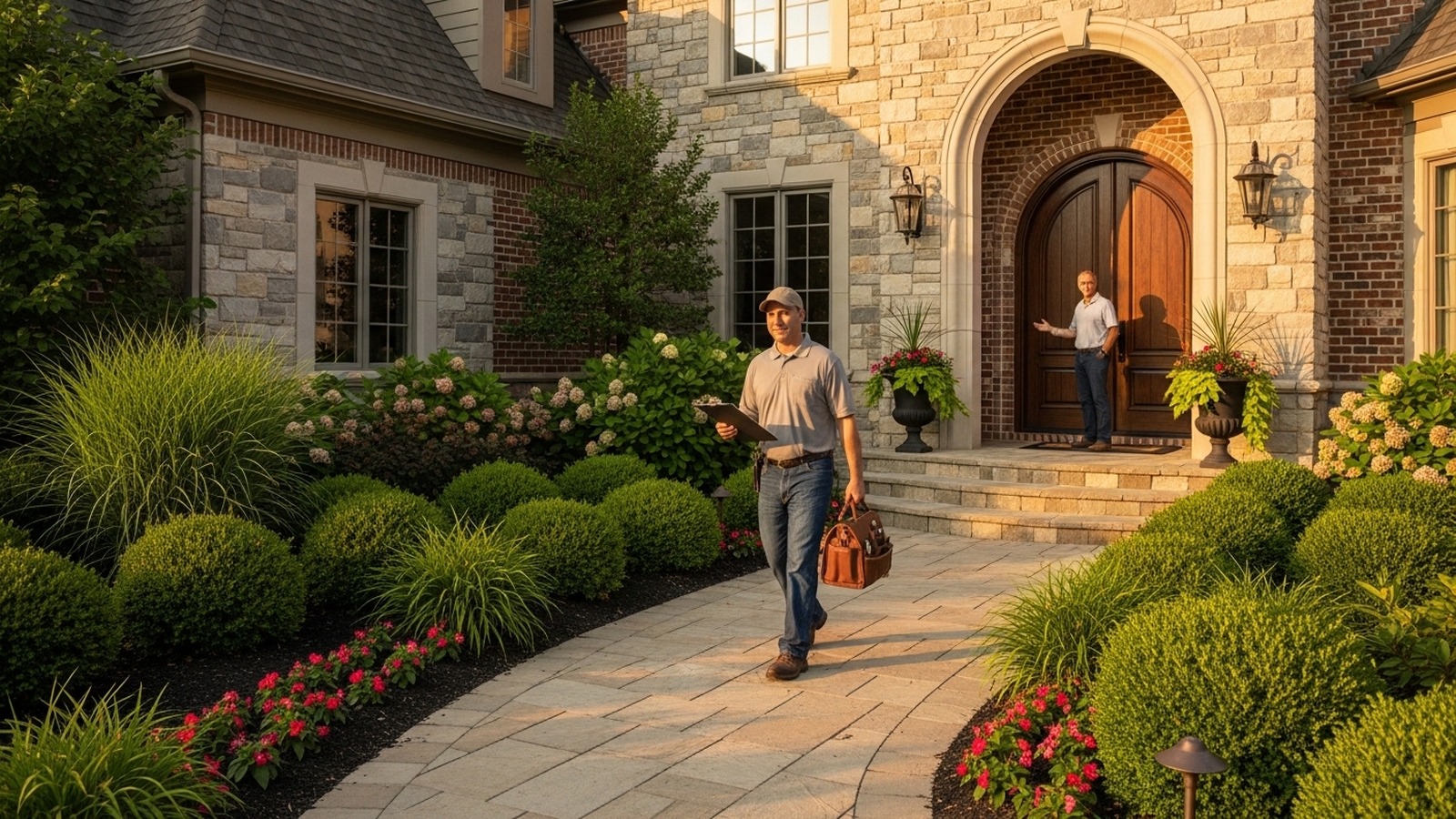 Center Grove luxury estate at golden hour with handyman walking up the front path