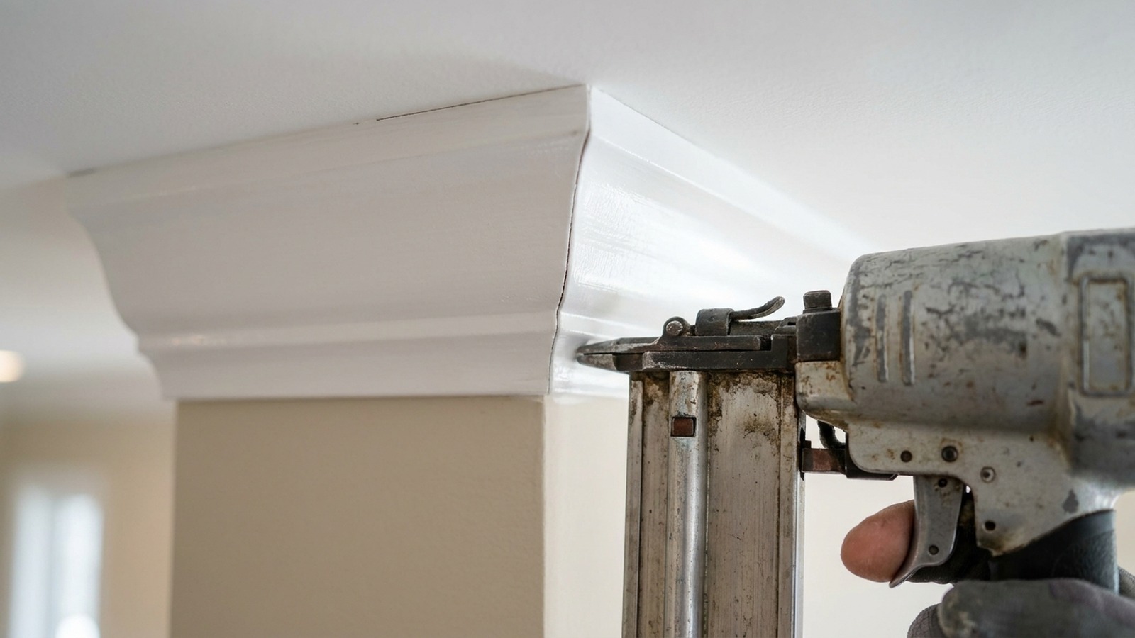 Crown molding miter joint at a 9-ft ceiling — fresh white finish