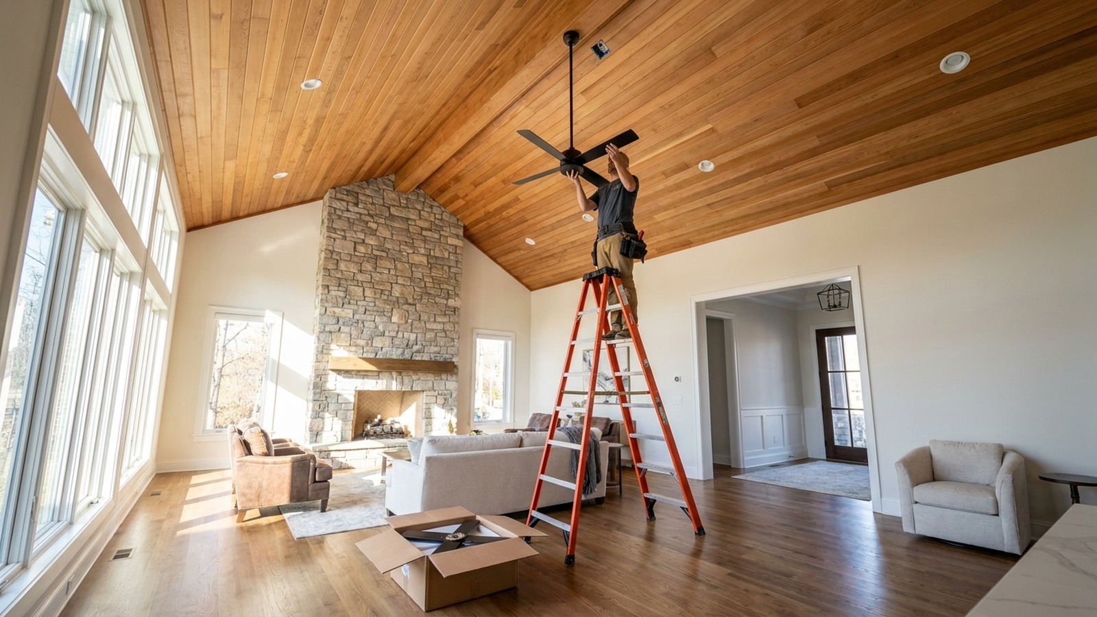 Vaulted-ceiling fan install in a Boulder Ridge Zionsville great room