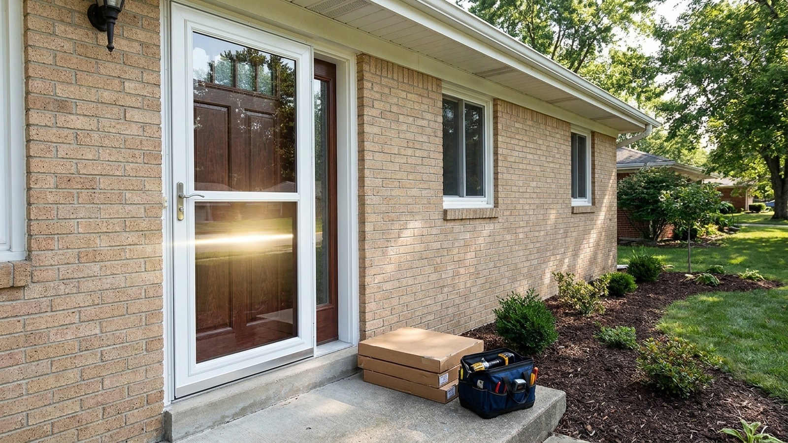 Brand-new white aluminum storm door installed on a Greenwood front entry