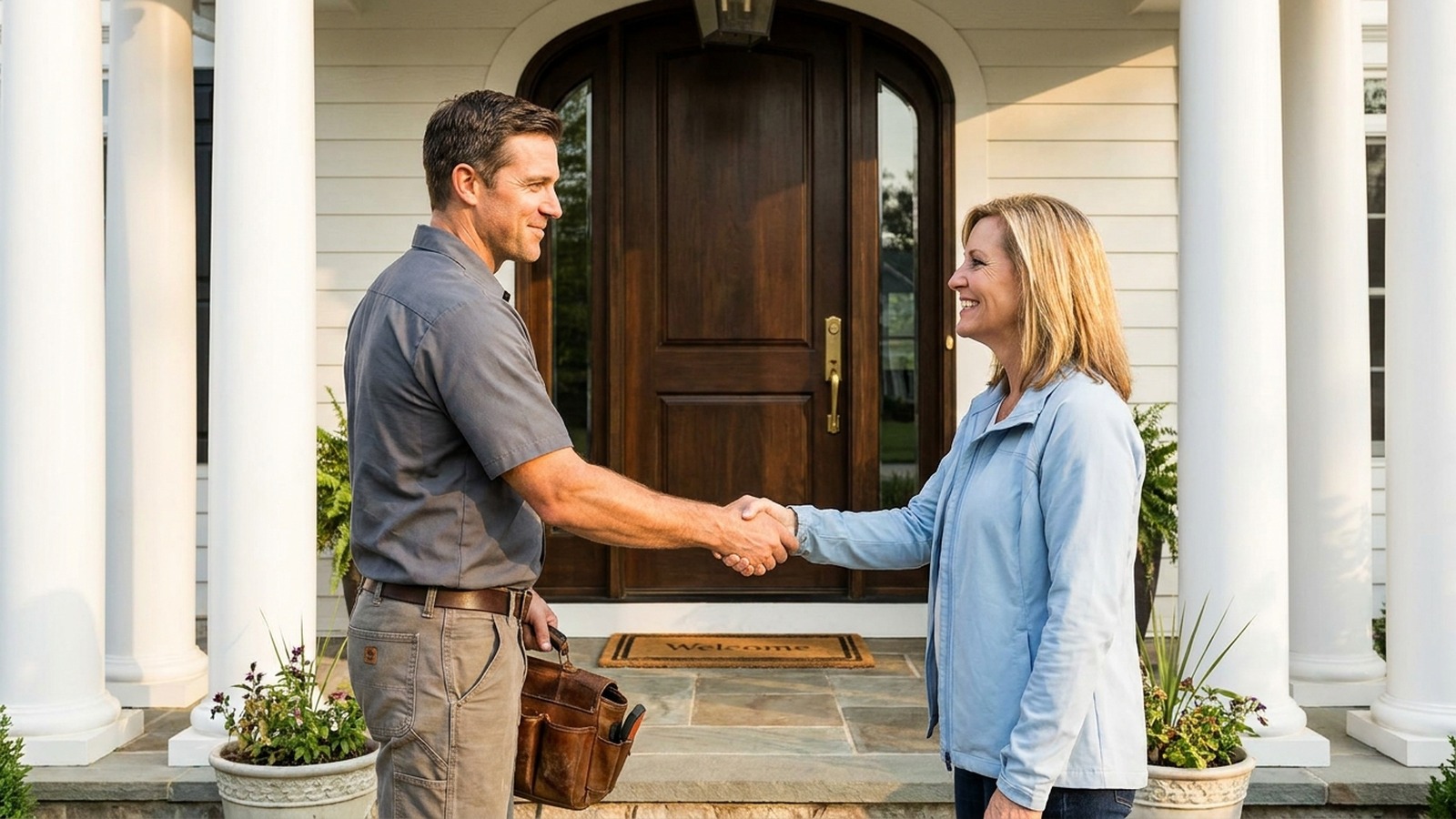 Handyman shaking hands with a Zionsville luxury homeowner at the front door