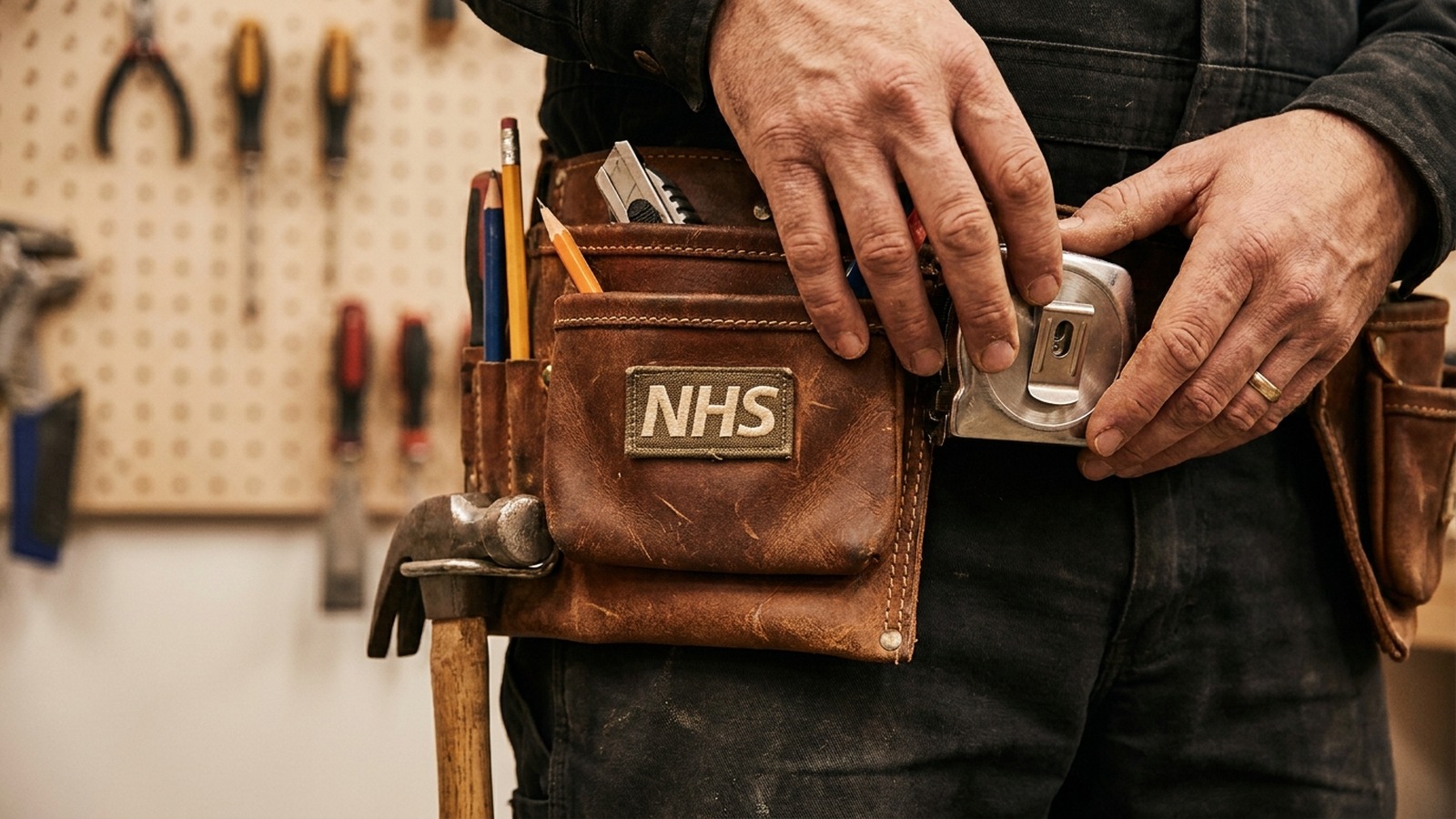 Closeup of a leather tool belt with the NHS logo embroidery