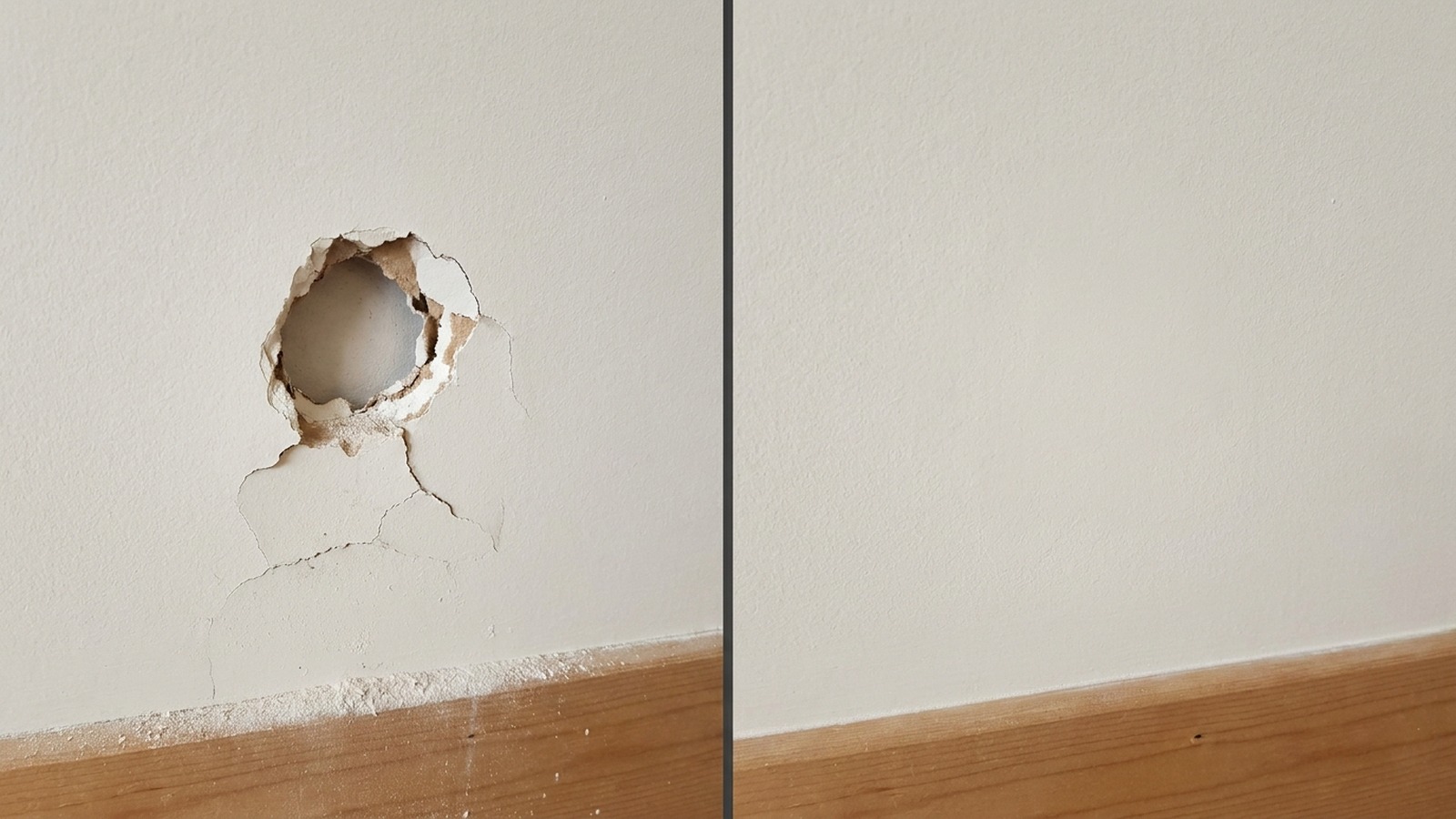 Before / after — drywall hole repaired and painted invisibly
