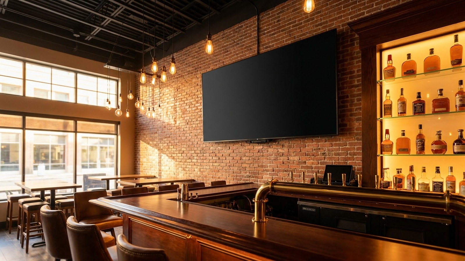 Oversized TV mounted high above polished mahogany sports bar — concealed cables