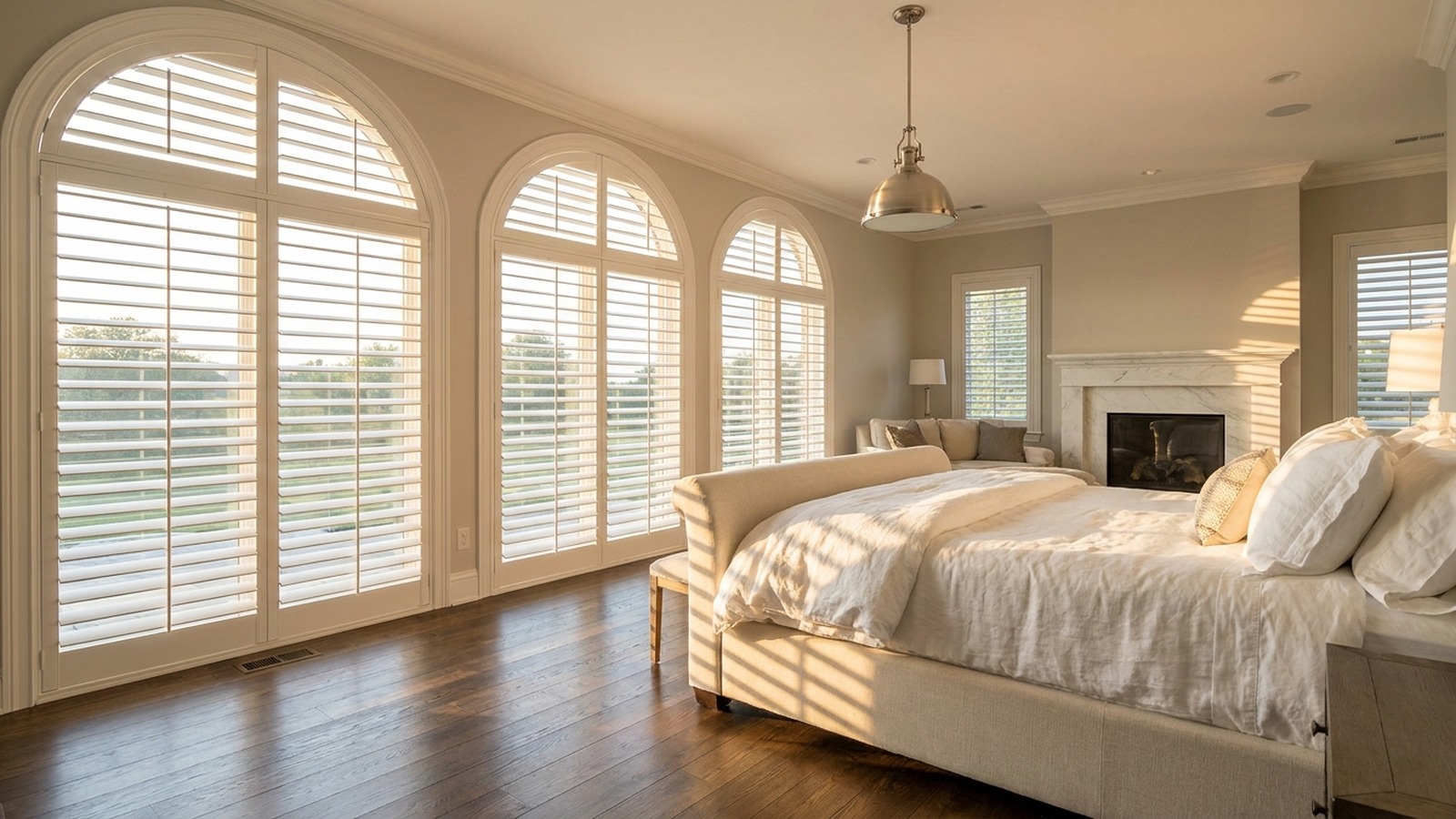 Custom plantation blinds installed in a luxury Carmel master bedroom