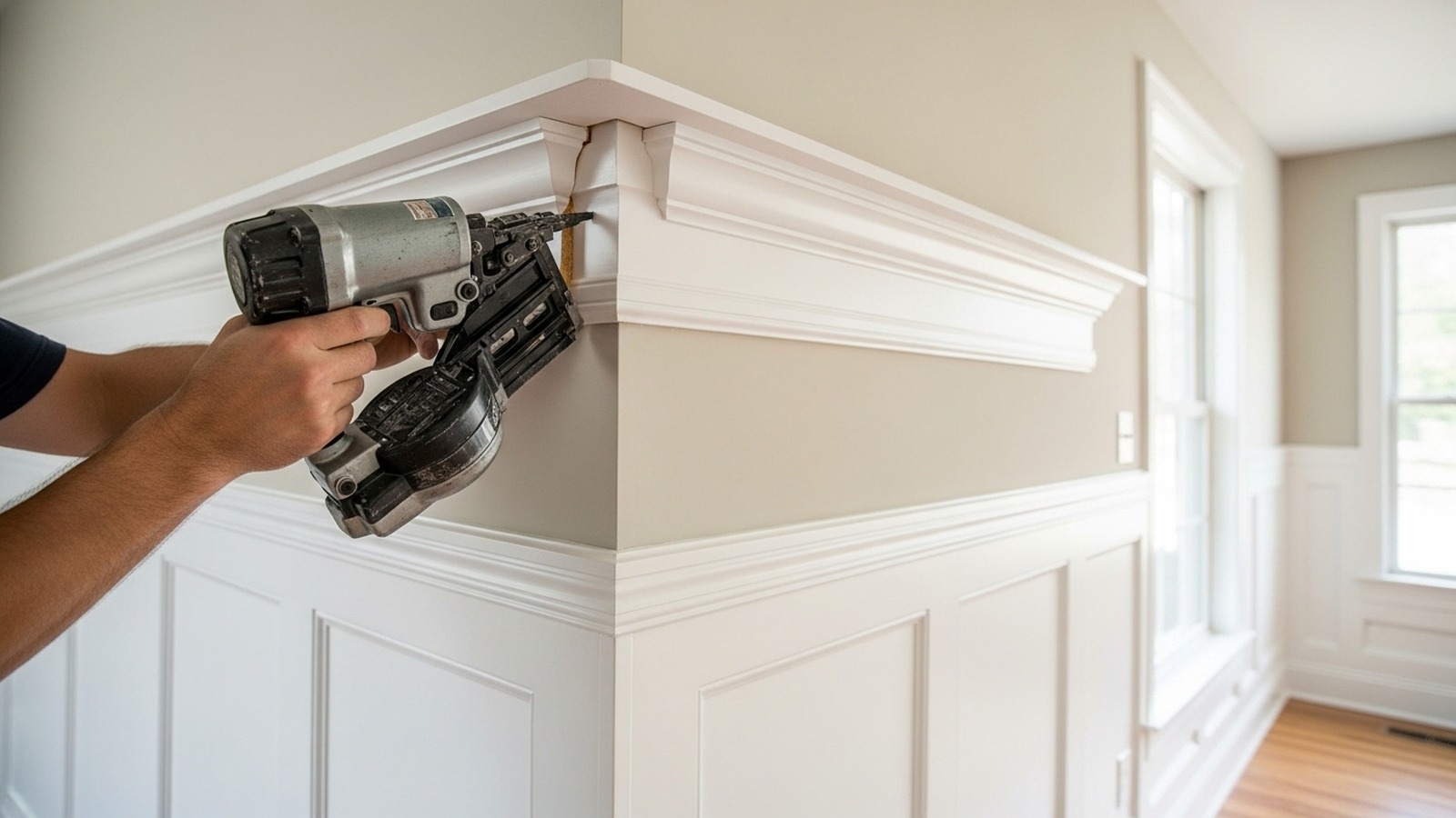 White crown molding miter joint being installed in a Greenwood, Indiana home
