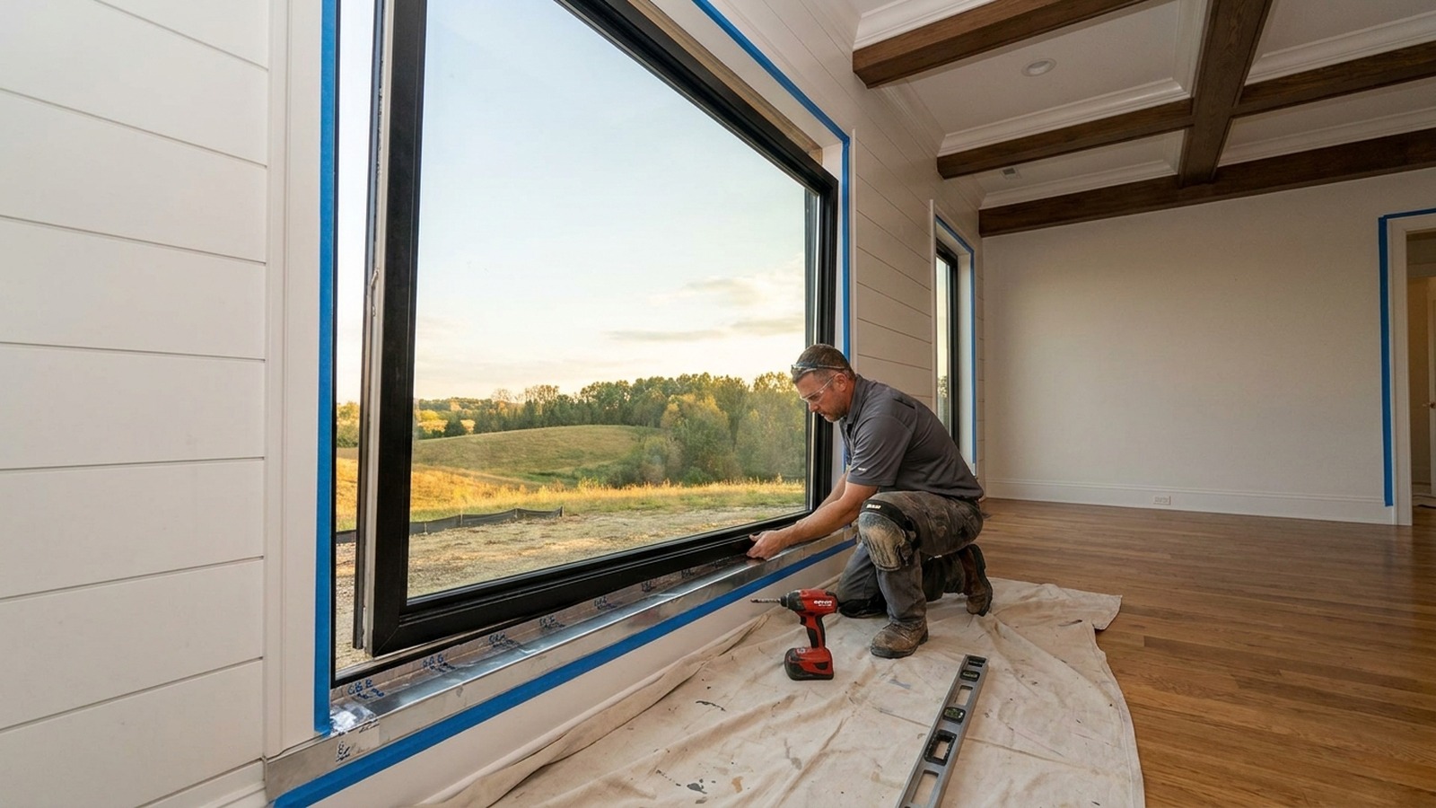 Luxury home window replacement — handyman installing Andersen black-frame fixed pane with proper flashing